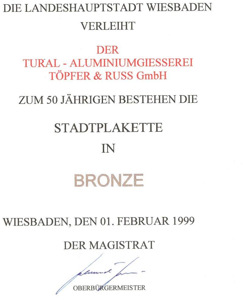 Stadtplakette Wiesbaden - 50 Jahre TURAL GmbH